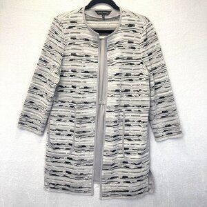 Ming Wang Knit Open Front Jacket Womens Small Gray Black Chiffon Back 3/4 Sleeve